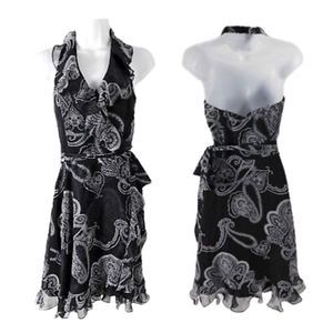 WHBM Backless Halter Black/White Ruffled Paisley Dress